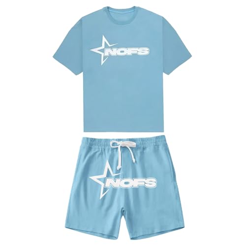 NOFS Trainingsanzug Herren Trainingsanzug Jogginganzug Herren Sommer Sportanzug 2 Teiliges Outfit Sport Set Kurzarm T-Shirts + Kurze Hose Sets Freizeitanzug Hip Hop Streetwear (S11-Blue, M)