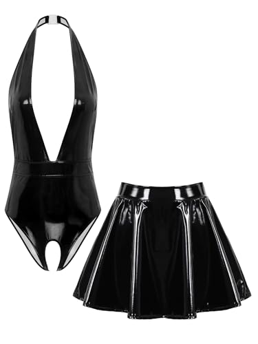 Freebily Damen Wetlook Catsuit Ouvert Stringbody Leder Mini Rock 2pcs Set Lack Leder Outfit Sex Erotische Wäsche Schwarz L