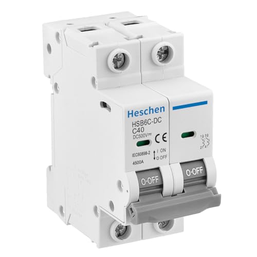 Heschen DC Miniatur-Leistungsschutzschalter, HSB6C-DC, 2 Polig, DC500V 40A, Photovoltaik Leistungsschutzschalter, für Solar PV Anlage Solar Panels Grid System, 35mm DIN-Schienenmontage