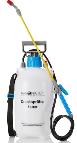 Nanoprotect Drucksprüher 5 L | Universelle Sprühflasche für Essigsäure, Wasser, Dünger und mehr | Mit Schlauch, Tragegurt und Verstellbarer Düse aus Kunststoff | Pumpsprüher