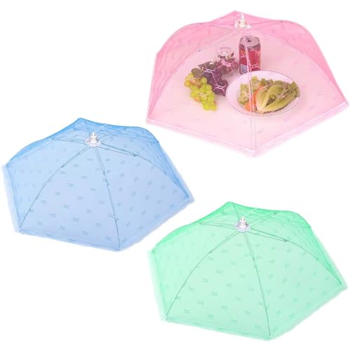 MHYMX Abdeckhauben für Lebensmittel, 3 Stück Fliegenhaube Faltbare Kuchenabdeckung Bunt Obstnetz mit Fliegenschutz 53 × 53cm Abdeckhaube Netz für Lebensmittel Nsekten Essen Obst Picknick