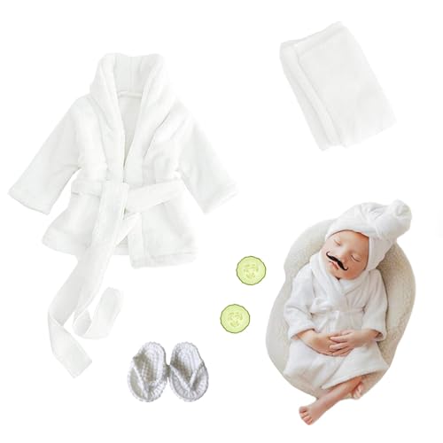 Xanewza 6 Stück Neugeborenen Fotografie Requisiten, Baby Weiß Fotoshooting Kostüme, Bademäntel Badetuch Outfit mit Hausschuhe Gurke Foto Requisiten für Kleinkind Jungen Mädchen (0-6 Monate)