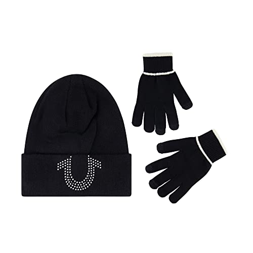True Religion Beanie Hat and Touchscreen Glove Set, Cuffed Winter Knit Cap with Rhinestone Logo and Touch Screen Mittens, Black, One Size