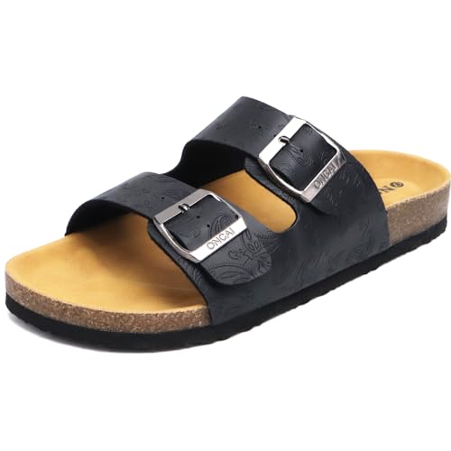 ONCAI Damen Pantoletten Bequeme Hausschuhe mit Kork-Fußbett Suede Kork-Fußbett Sandalen Mit Verstellbarer Rieme Floral Schwarz 39 EU