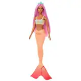 Barbie Meerjungfrau-Puppe mit fantasievollem Haar in Pink mit Haarband, Puppe mit Seestern-Oberteil und weicher orangefarbener Schwanzflosse, HRR05