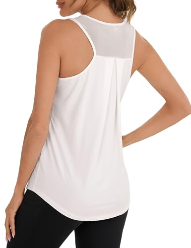 Terecey Damen Sport Tank Top Ärmelloses Yoga Fitness Shirt Locker Racerback Sporttop Atmungsaktives Mesh Zurück Sportoberteile, Weiß M