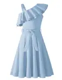 Arshiner Mädchen Kleider Eine-Schulter Kinderkleider Sommer Festliches Kleid Rüschenkragen Elegant Partykleider Swingkleid mit Gürtel ärmelloses Kleid für Mädchen 11-12 Jahre Hellblau
