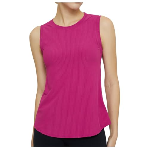 Damen Casual Sport Tank Top Ärmellos Sportlicher Stil Geschwungener Saum Running Atmungsaktiv Solide Rundhals Mode Ausgehen Tank Top, Hot Pink, X-Large