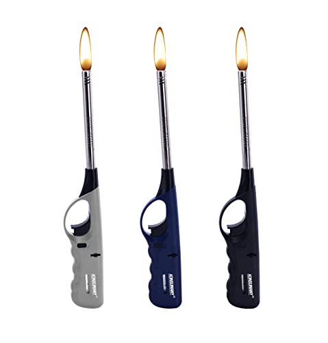 KONSUMANY Stabfeuerzeug Gas Feuerzeug 27 cm Lang Nachfüllbar (Grau, Blau, Schwarz) - 3 Stück