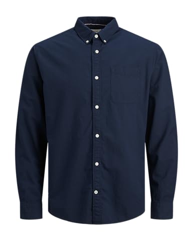 JACK&JONES Hemd Slim Fit Business Shirt mit Brusttasche Weiches Langarm Twill Oberteil JJEOXFORD, Größe Hemd:L,Farben:Navy