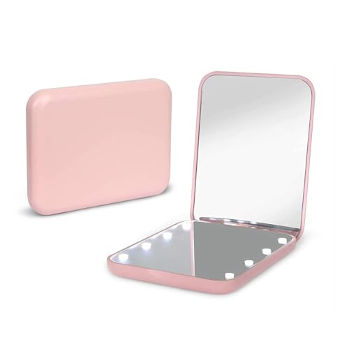 Kintion Taschenspiegel, LED Reisespiegel mit Licht Spiegel Klein, Taschenspiegel mit Vergrößerung 1x/3x, Spiegel mit Beleuchtung Klein, Klappspiegel Schminkspiegel mit Licht, Rosa