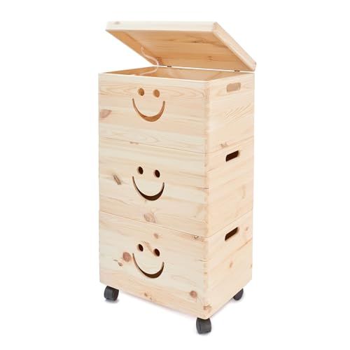 Pinus - Spielzeugkiste Holz mit Deckel 3-in-1, Spielzeug Aufbewahrung Lächeln, 39x30x74 cm, Aufbewahrungsbox Kinderzimmer auf Rädern, Spielkisten Aufbewahrung Kinder, Holztruhe Kinderzimmer
