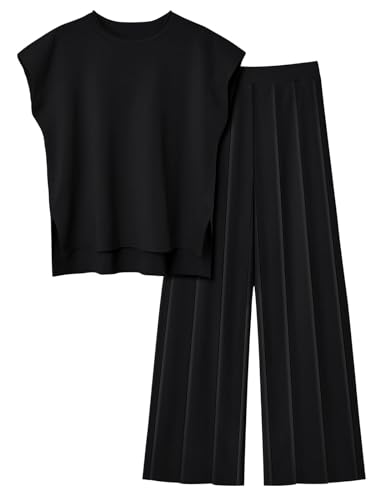 Veriliss 2 Teilig Outfits Für Damen Pullover Sets Strickpullover Tops Elastische Taille Hosen Lounge Sets Trainingsanzug(Schwarz,M)