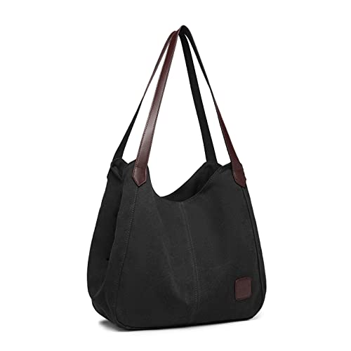 KONO Damen Canvas Schultertasche Vintage Hobo Handtasche Umhängentasche Shopper Tasche für Arbeit Schule Reise (Schwarz)
