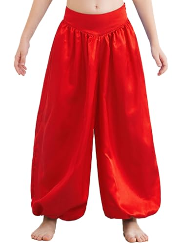 Miaeowve Kinder Mädchen Bauchtanz Hose Satin Glanz Haremshose High Waist Tanzhose Locker Slim Fit Aladinhose Leggings Faschingkostüm Rot 146-152