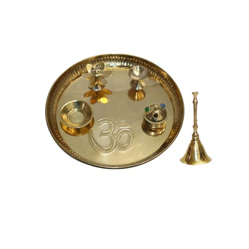DEVKI® Pooja Thali Set, Indische dekorative Platte, Puja-Artikel, Aarti-Platte für Tempel, Hochzeit Heimdekoration Heim-servierteller rund Dekoration gravierte Platte hinduistische religiöse Geschenke