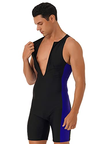 MSemis Herren Schwimmanzug mit Bein Bademode Einteiler Badeanzug Äremllos Swimsuit Männer Surf Wassersport Badebekleidung S-XXL Schwarz&Blau XXL
