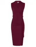 GRACE KARIN Damen Elegant Figurbetontes Etuikleid V-Ausschnitt Business Kleid Midi Casual Wickel-Arbeitskleider Dunkel Rot 42
