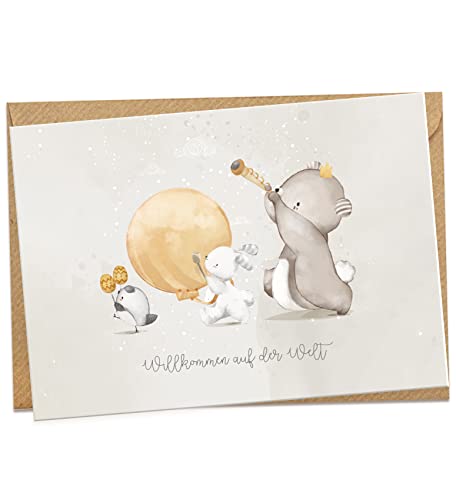 KOKO&LORA® Glückwunschkarte zur Geburt mit Umschlag "Willkommen auf der Welt" • moderne Grußkarte mit niedlichen Aquarell-Tieren für Mädchen und Jungen & Kraftpapier-Kuvert - Geschenk zur Geburt