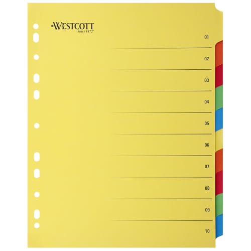 Westcott Register für Ordner A4 mit Klarsichthüllen | Extrabreite Trennblätter für Prospekthüllen in Din A4 Ordner | 10 farbige Tabs in 5 Farben | Robuste 230g/m² mit Eurolochung | E-1733313 00