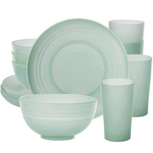 Greentainer Geschirrsets aus Kunststoff (12pcs) | Leichtes und Unzerbrechliches Komplett-Set,Tellerset, Schüsseln,Tassen,Tafel-Service für 4 Person （Grün)