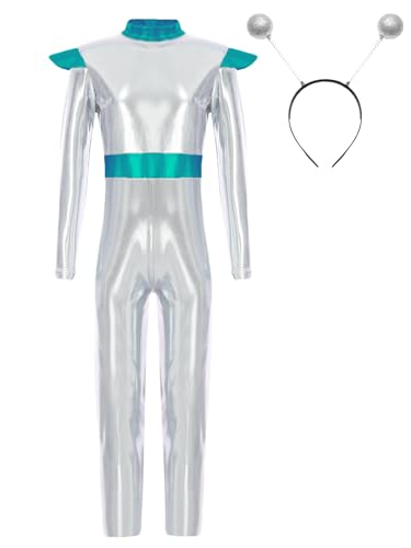 Fldy Mädchen Space Girl Alien Kostüm Metallic Jumpsuit Kopfschmuck Set Space Party Outfit Kinder Karneval Halloween Tanzkleidung Glitzer Tanz Overall Silber 134-140