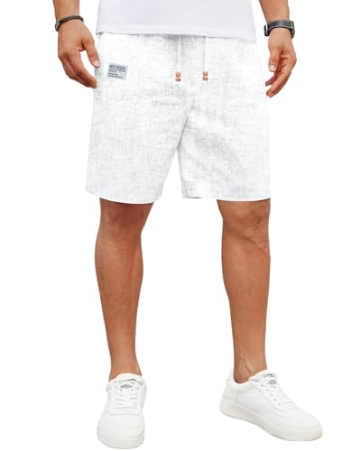 LVCBL Herren Leinen Lose Shorts mit Kordelzug Sommer Strand Shorts Weiß M