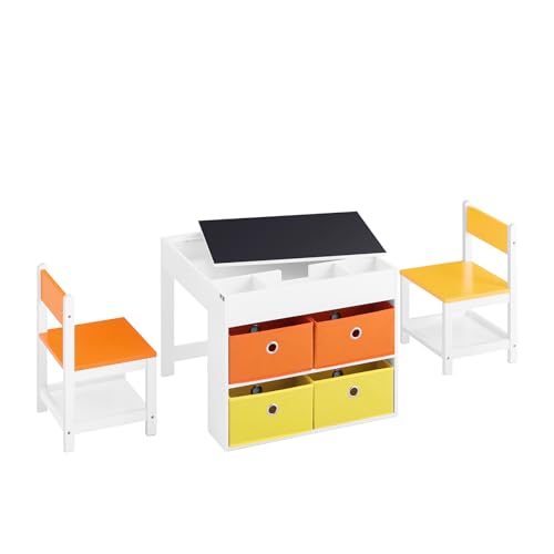 SoBuy Kindertisch mit 2 Stühlen Kindersitzgruppe mit Stauraum Spieltisch Kinder multifunktionaler Aktivitätstisch für Kinder Kindersitzgruppe innen Kinder Tisch Stuhl Set Weiß KMB75-K-W