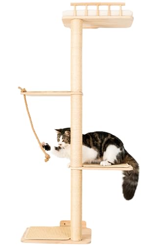 PURRLIS - Wand-Kratzbaum aus Naturholz | Kletterturm 132 cm mit Kratzstange, breite Plattformen & Sitzstange | Design-Wandregal mit Kissen, Matte & Kratzbaum für Katzen