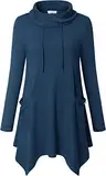 Amrto Damen Bluse Turtleneck Tunika Große Größen mit Asymmetrische Saum Langarmshirts Tops Lange Hemd Pullover mit Taschen, Dunkler Blau L