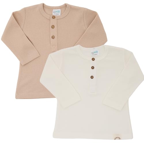 2er-Pack Langärmelige Kinder-T-Shirts mit Knöpfen aus 100% Baumwolle – Weiche und Atmungsaktive Essentials für Jungen und Mädchen (18-24 Monate, Beige - Ecru)