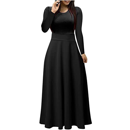 Maxikleid Damen Langarm Kleid O-Ausschnitt Partykleid Knielang Midi Kleider Lange Maxikleid Elegant Rundhals Langarmkleid Einfarbiges Hohe Taille Freizeitkleid Partykleid A Linie Festkleid