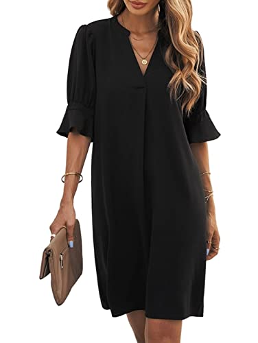 Famulily Womens Casual Rüschen Ärmel Shift Über Knie Kleid Damen Plissee Tunika Kleider Schwarz L