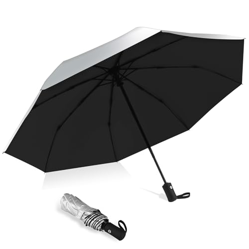 HEXSOLID Regenschirm mit UV-Schutzfaktor 50+, kompakter Regenschirm für Sonne, wasserdicht und windabweisend, Sonnenschutz, automatisches Öffnen, Schließen (Silber/Schwarz, 46inch)
