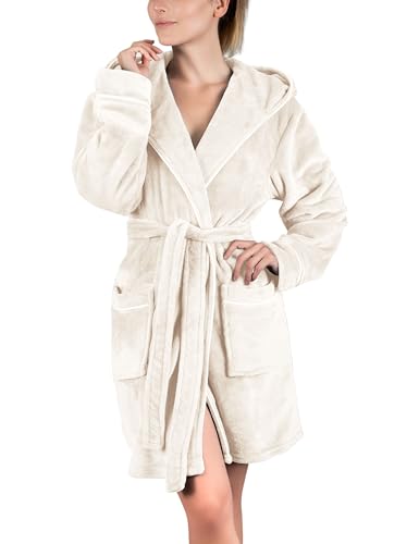 Gräfenstayn Bademantel Damen flauschig mit Kapuze - Kuschelfleece - Öko-Tex Standard 100 - Morgenmantel leicht & kurz - Größe (S, Creme)