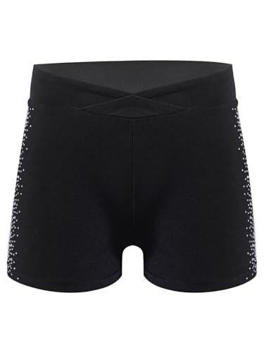 Jhaoyu Mädchen Turnhose Kurze Glitzer Leggings Tanzhose Trainingsshose Einfarbig Fitness Tanzen Yoga Shorts Turnhose für Yoga Sport Gymnastik Schwarz 134-140