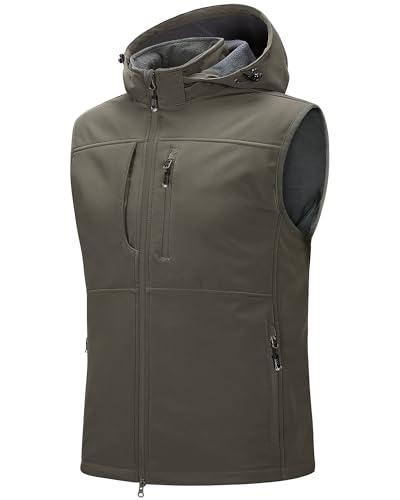 33,000ft Weste Herren Outdoor Wasserdichte Softshell Ärmellose Jacke Bodywarmer Fleece Weste mit Kapuze Full Zip Softshellweste Olivgrün XL