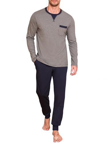 Winovia Herren Schlafanzug lang Sleepwear Pyjama Set Baumwolle Zweiteiliger Nightwear Set Nachtwäsche Langarm Hausanzug mit Rundhals Design, Langarm Shirt & Schlafanzughose Dunkelgrau XXL