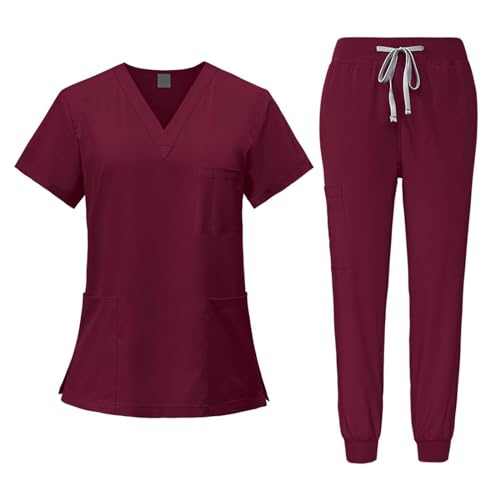 Fonowx Medizinische Arbeitskleidung Damen Herren, Krankenschwester Arbeitskleidung Set Waschbar, Medizinische Uniform mit Oberteil und Hose für Beauty Salon Klinik Krankenhaus, Rot, l