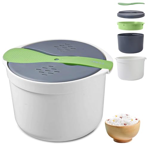2L Mikrowellen Reiskocher, TOATELU 2L Mikrowellen Dampfgarer für Mikrowelle Reis Deckel, Sieb und dampfen dem Topf, spülmaschinen fest, PP in Lebensmittelqualität Microwave Rice Cooker(Grün)