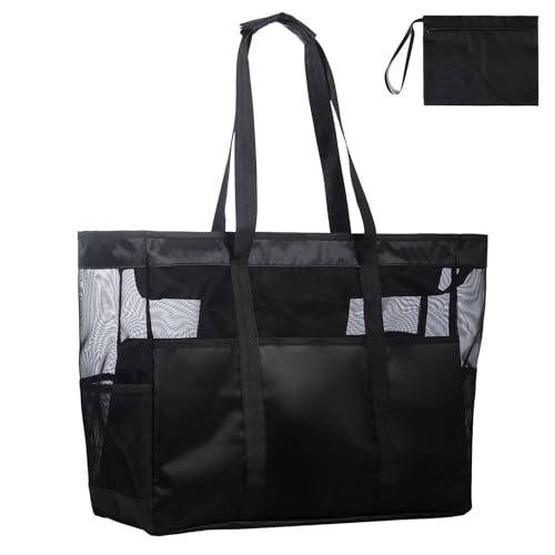 DEWUR Strandtasche XXL Familie Groß Badetasche Strandtasche mit Reißverschluss Strandtasche Faltbar Schultertasche Badetasche Familie Shopper Handtasche für Strand Urlaub Reisen (Schwarz)