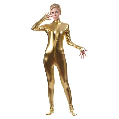 Generisch Damen Glänzend Jumpsuit Ganzkörperanzug Sport Bodysuit Yoga Overall Eng Einteiler Ganzkörper Kostüm Gymnastik Tanz Ballett Leotard Tanz Catsuit Dehnbar Figurbetonter Body Für (Gold, XL)