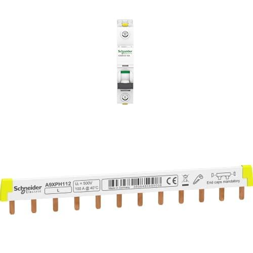 Bundle aus Schneider Electric Leitungsschutzschalter ACTI9 IC60N 1P 16A B, A9F03116, 16 Ampere + Schneider Electric A9XPH112 Phasenschiene Steg, ablängbar, 1P, 12 TE, 100A
