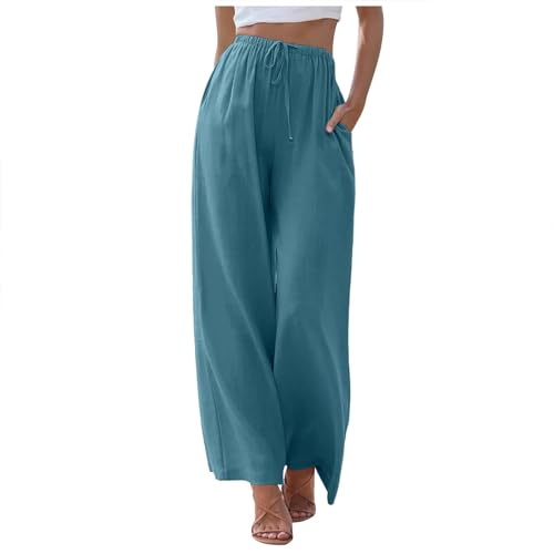 2025 - Palazzo-Hose Leinen mit hoher Taille weitem Bein für Damen, lässige Sommerhose mit Kordelzug, fließende Strandhose mit Taschen Schlafanzug Damen Kurzarm 3/4 Hose (Sky Blue, L)