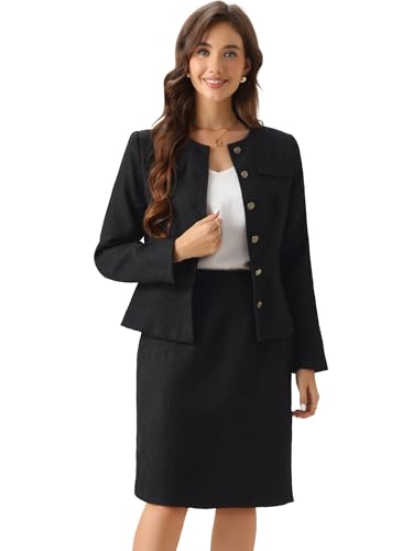 Allegra K Anzug-Set für Damen, 2-teiliges Outfit, Tweed, Schößchen, kragenloser Blazer, Jacke und Rock-Sets Schwarz L