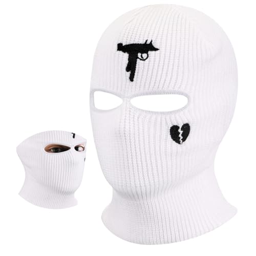 BBTO Gestrickte Skimaske Winter Sturmmaske Ski Sturmhaube mit 2 Löchern Ski Gesichtsabdeckung für Draußen Outdoorsports Radfahren Snowboarden Radfahren Motorradfahren(Weiß,Waffe und Herz Gebrochen)