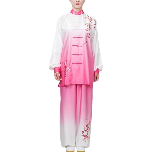 G-LIKE Tai Chi Stickerei Trainingsanzug – Traditionelle Chinesische Kampfkunst Taiji Kung Fu Wing Chun Frühling Sommer Wettkampf Langarm Uniform Farbverlauf Anzug für Damen Herren (Rosakragen, M)