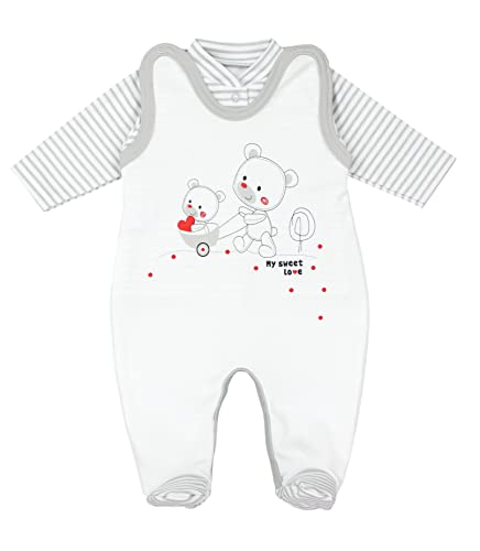 TupTam Baby Mädchen Jungen Strampler mit Langarmshirt Aufdruck Spruch 2 teilig, Farbe: Streifenmuster Grau/Bärchen Herz, Größe: 56