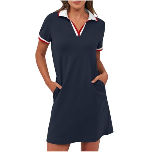 BFSWL Polokleid Damen Kurzarm Freizeitkleid Knielang Sportkleid Sport Sommerkleid Sommer Golf Kleid Einfarbig Tenniskleid Freizeit Revers Minikleid Kurze Tennis Kleid mit Taschen Dresses for Women