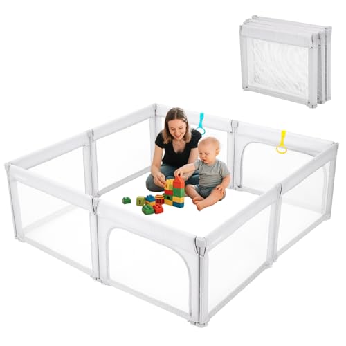 Laufstall Baby 150×180cm Faltbar Laufgitter, Form- und Größenverstellbar zusammenklappbar Spielgitter, Sicherer Baby-Spielbereich, Babyzaun,atmungsaktives Netz Laufgitter, 8-Platte,Hellgrau